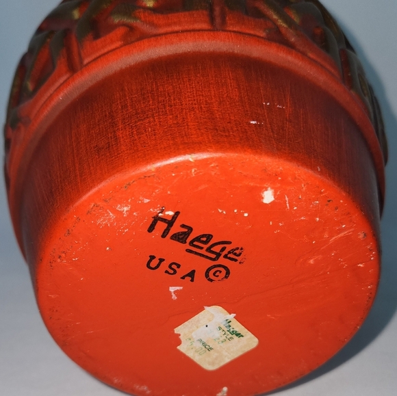 Vintage Haegar Art Pottery Ceramic Orange/Red Vase Abstract Gold Design MCM - Picture 3 of 6